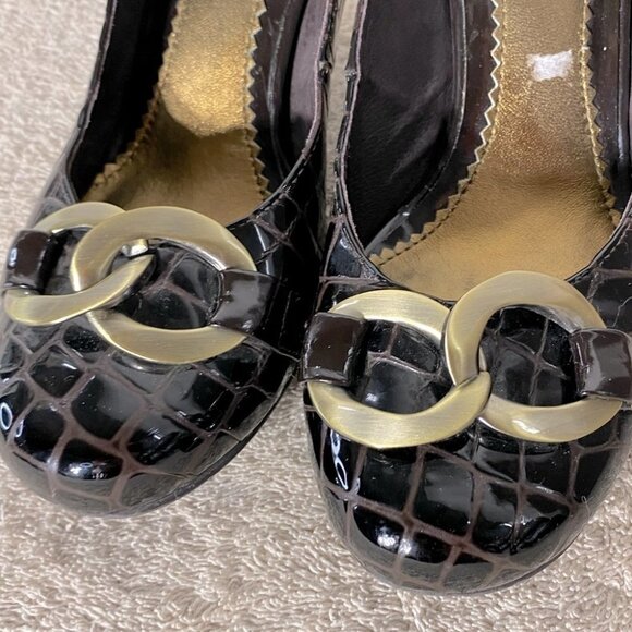Bravo Browns Brown Lara Croc Embossed Patent Leather Heels W Brass Buckles 7.5 - Picture 10 of 14